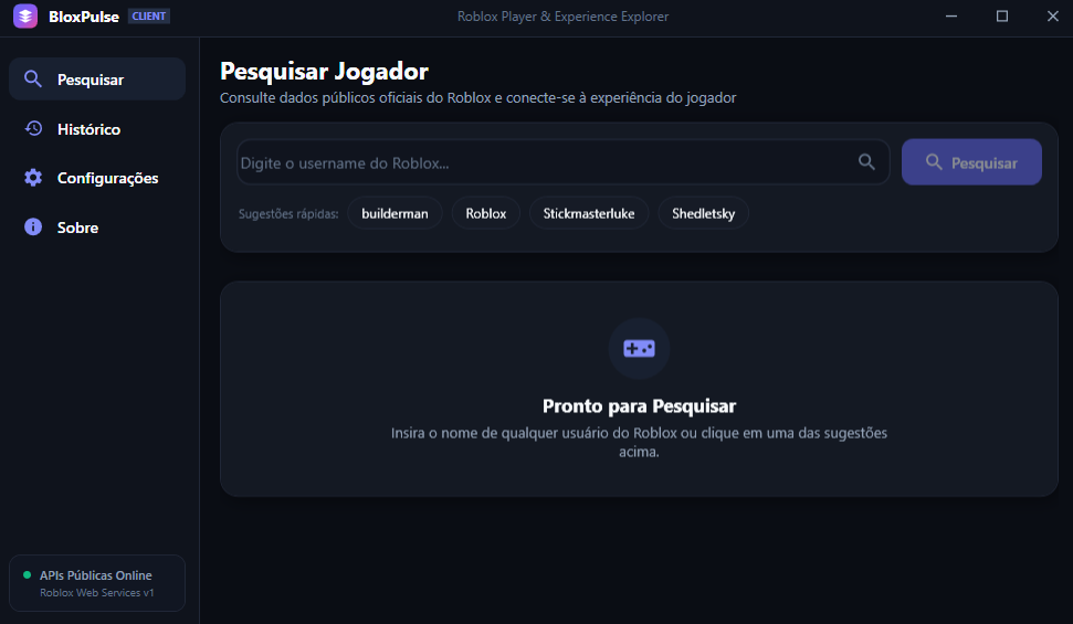 Captura de tela do BloxPulse mostrando a tela de pesquisa de jogador do Roblox